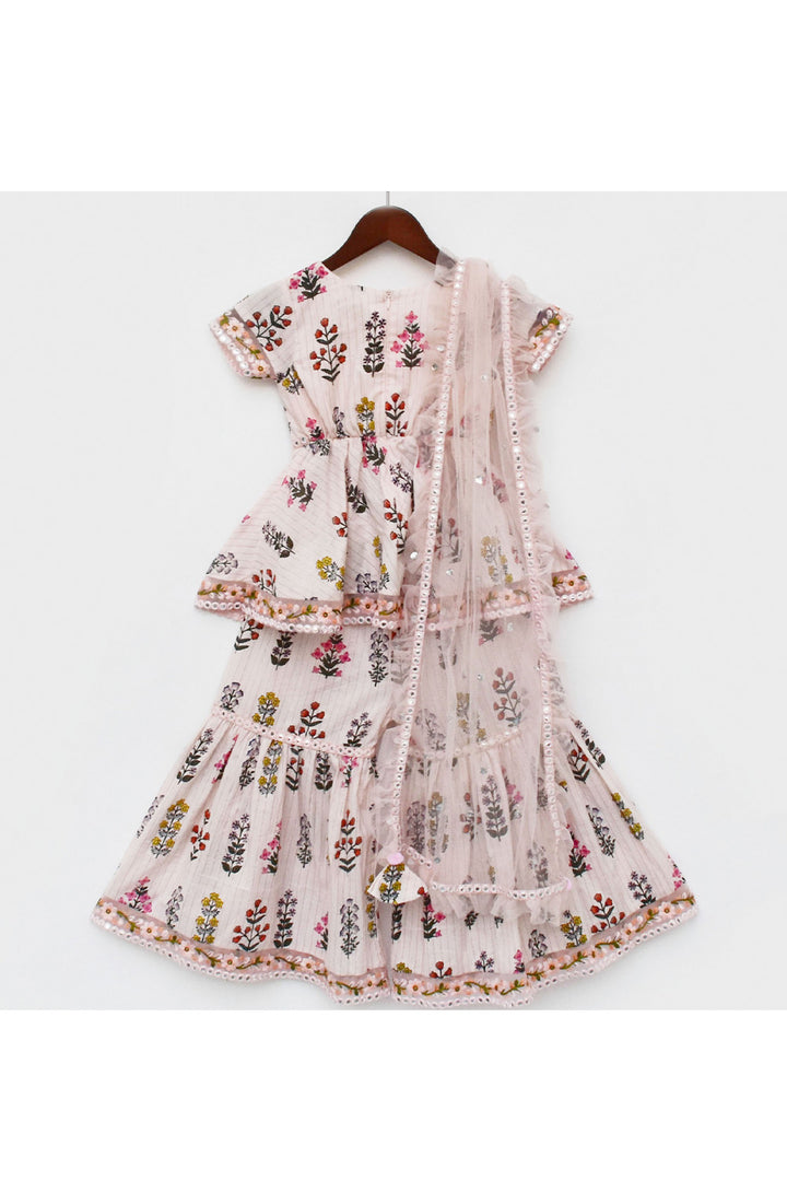 Peach Flower Printed Cotton Kurta With Sharara Set