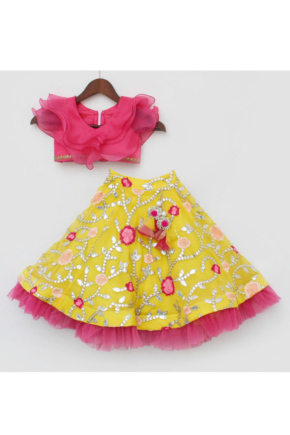 Peach Organza Ruffle Top With Yellow Mirror Faux Embroidered Lehenga Set
