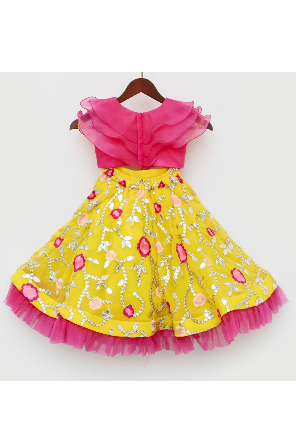 Peach Organza Ruffle Top With Yellow Mirror Faux Embroidered Lehenga Set