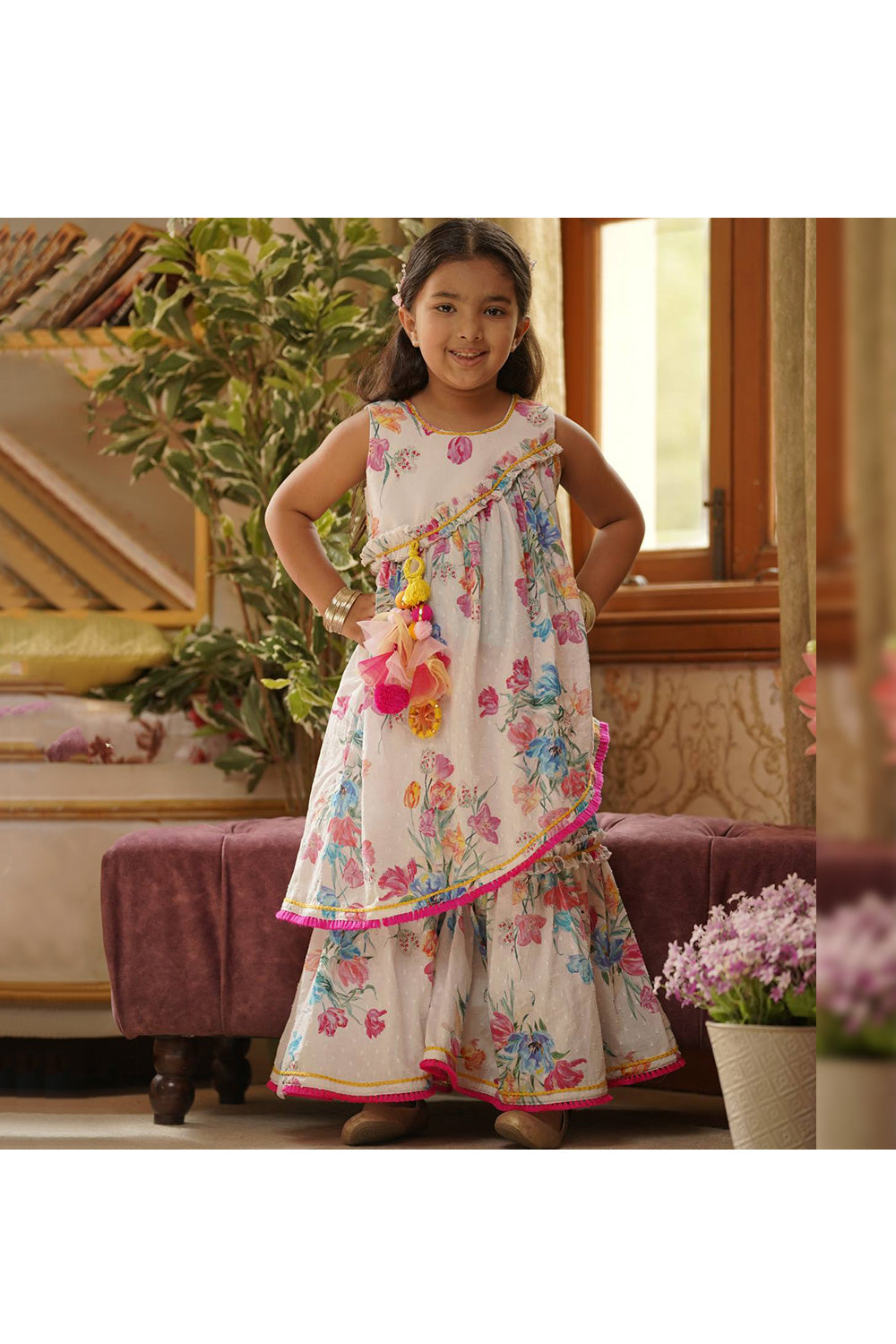 White Floral Printed Cotton Kurta With Sharara Set