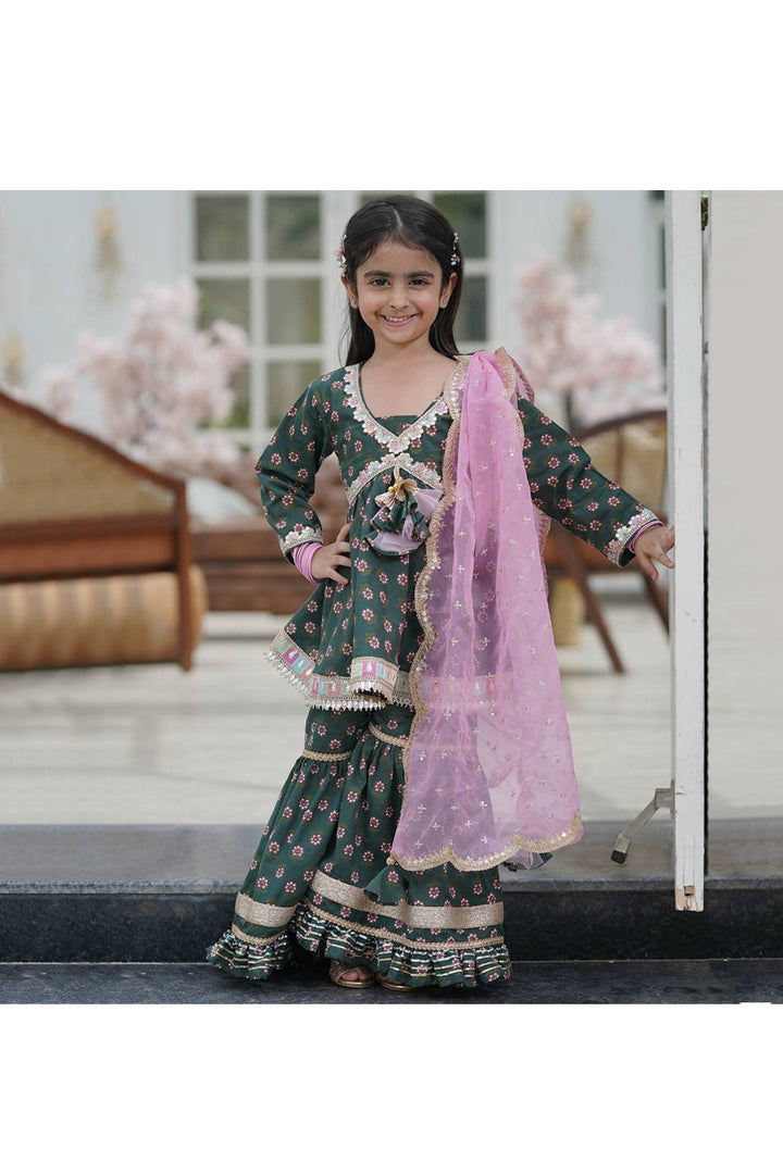 Olive Green Printed Cotton Kurta With Sharara Set