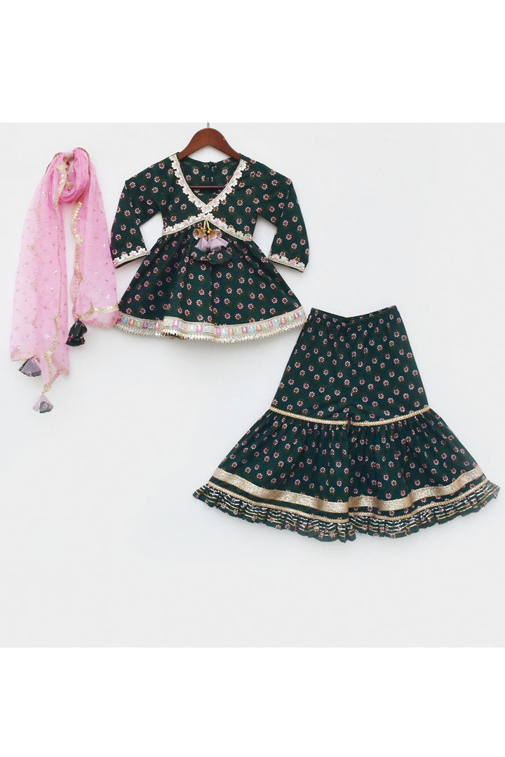 Olive Green Printed Cotton Kurta With Sharara Set