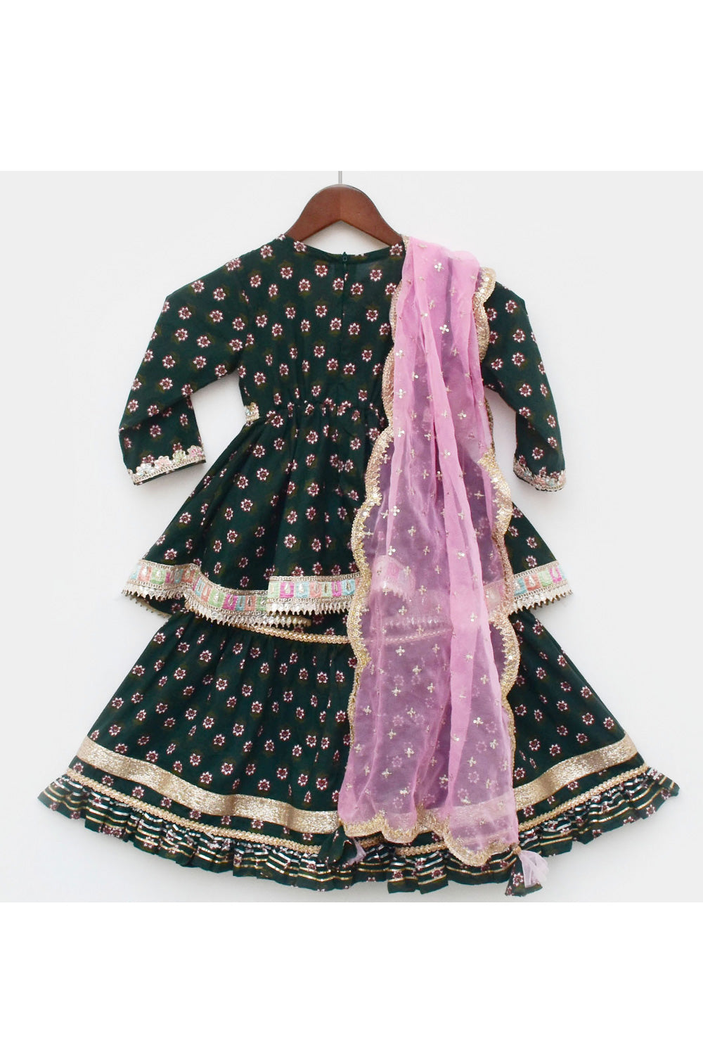Olive Green Printed Cotton Kurta With Sharara Set