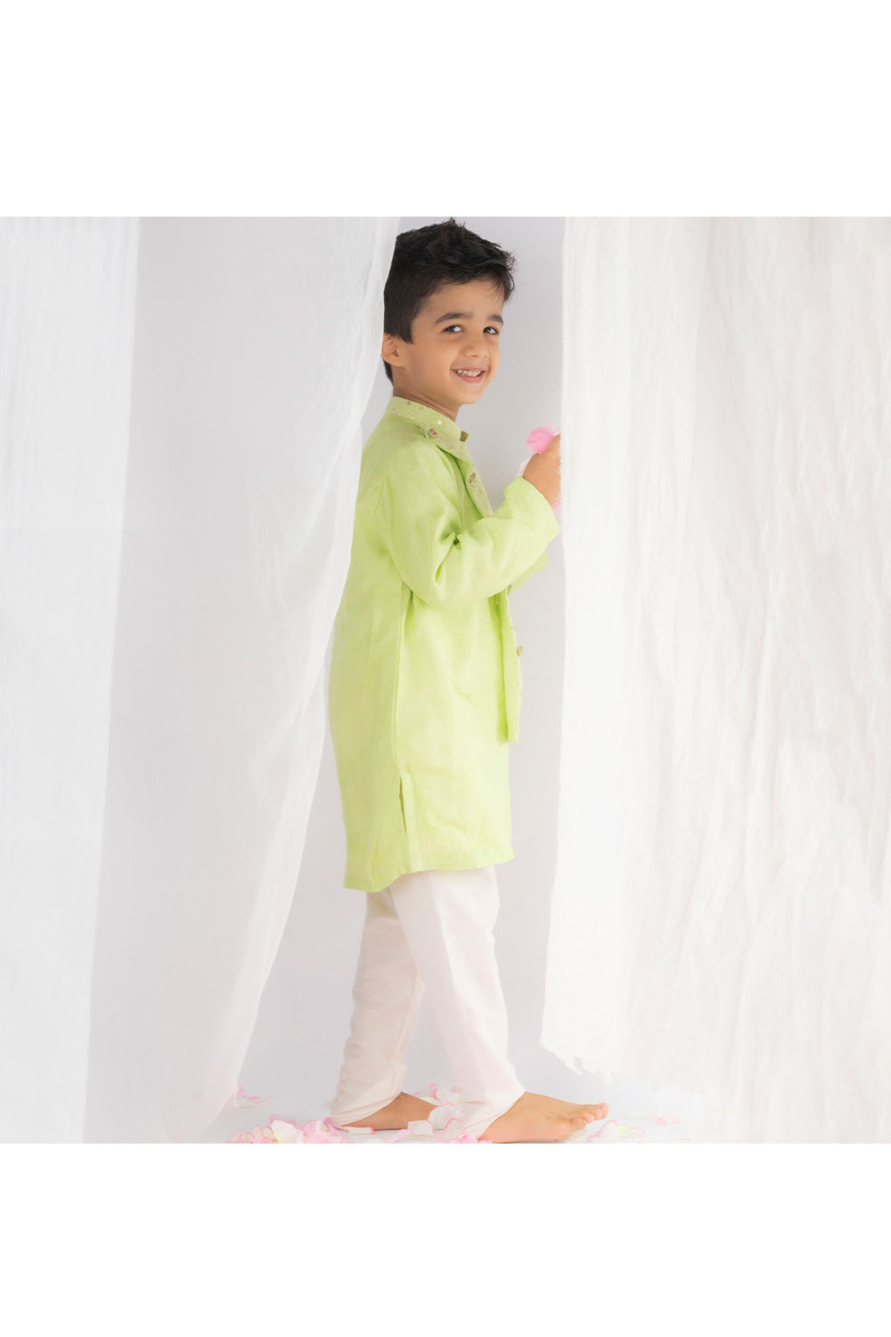 Pastel Green Sequins And Thread Embroidered Kurta With Churidar Set