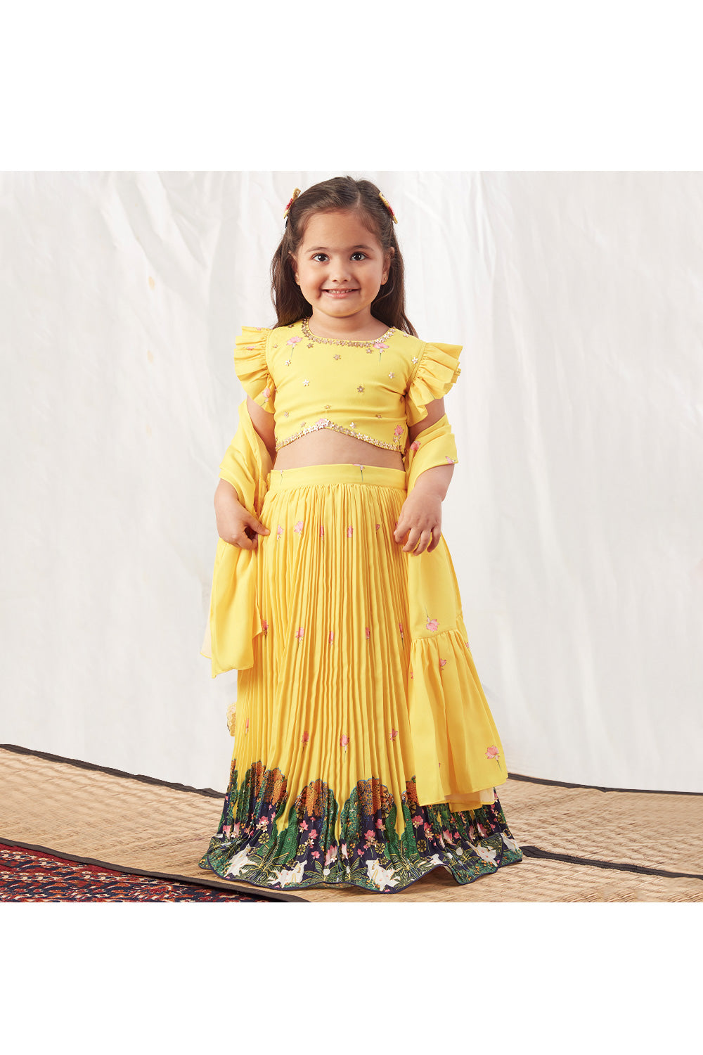Yellow Hand Embroidered Top With Pichwai Printed Lehenga Set