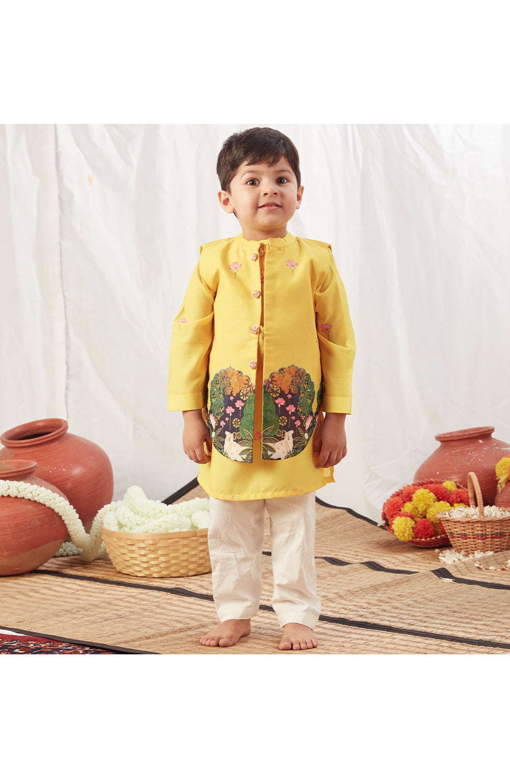 Yellow Kurta With Hand Embroidered And Pichwai Printed Jacket Set