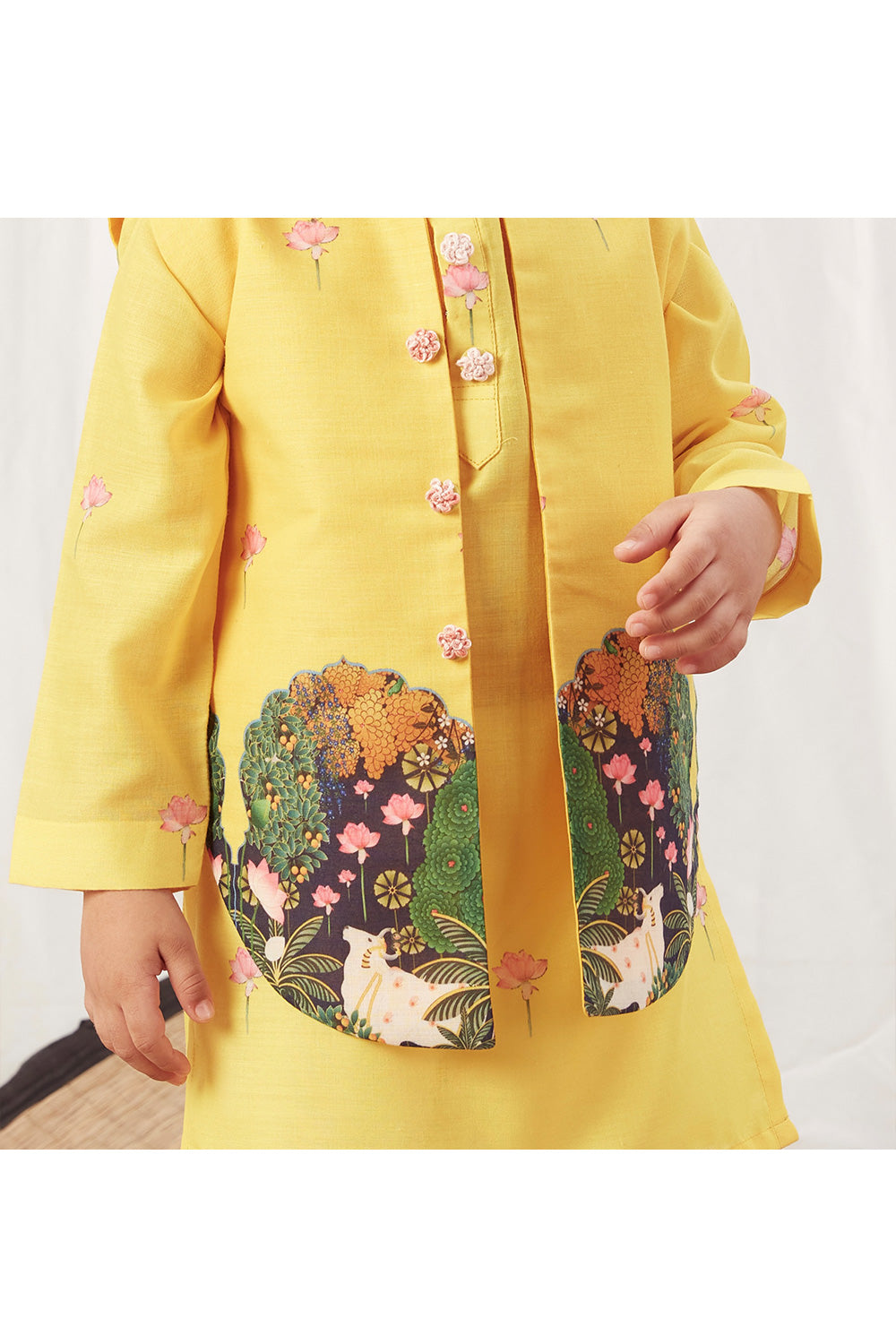 Yellow Kurta With Hand Embroidered And Pichwai Printed Jacket Set