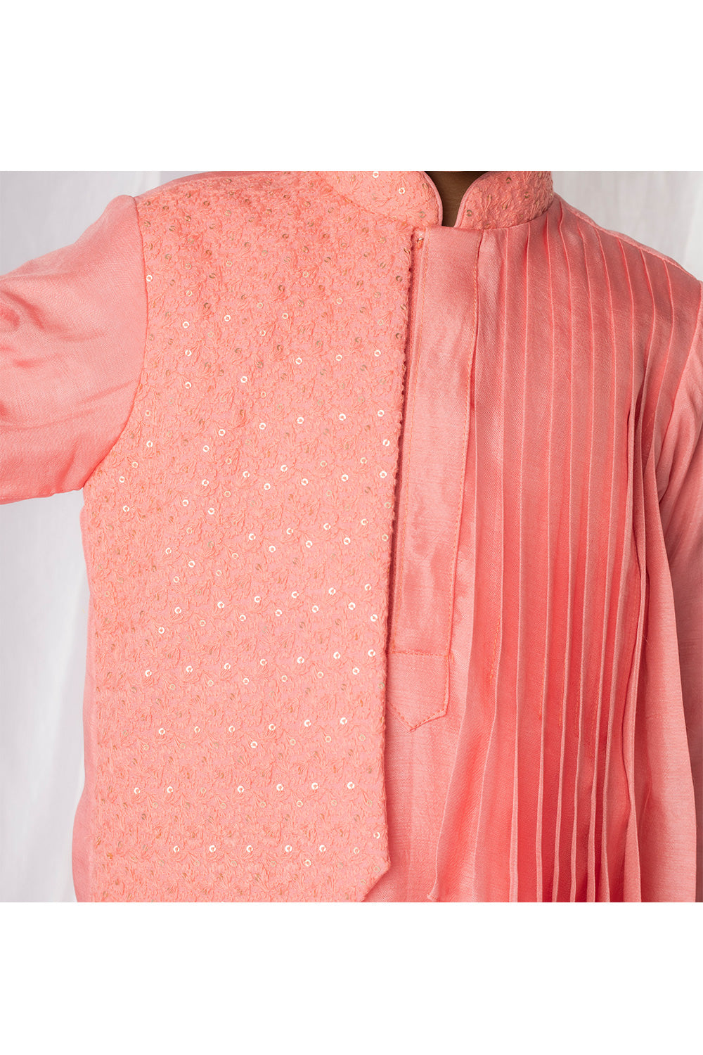 Peach Sequins And Thread Embroidered Pleated Kurta With Churidar Set