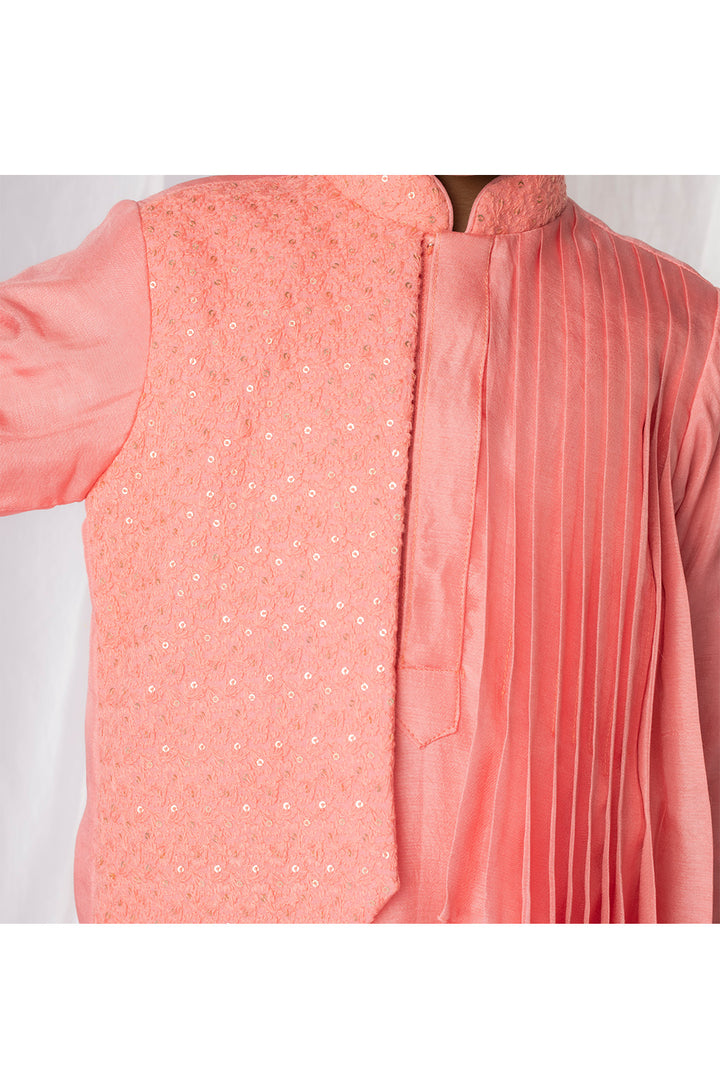Peach Sequins And Thread Embroidered Pleated Kurta With Churidar Set