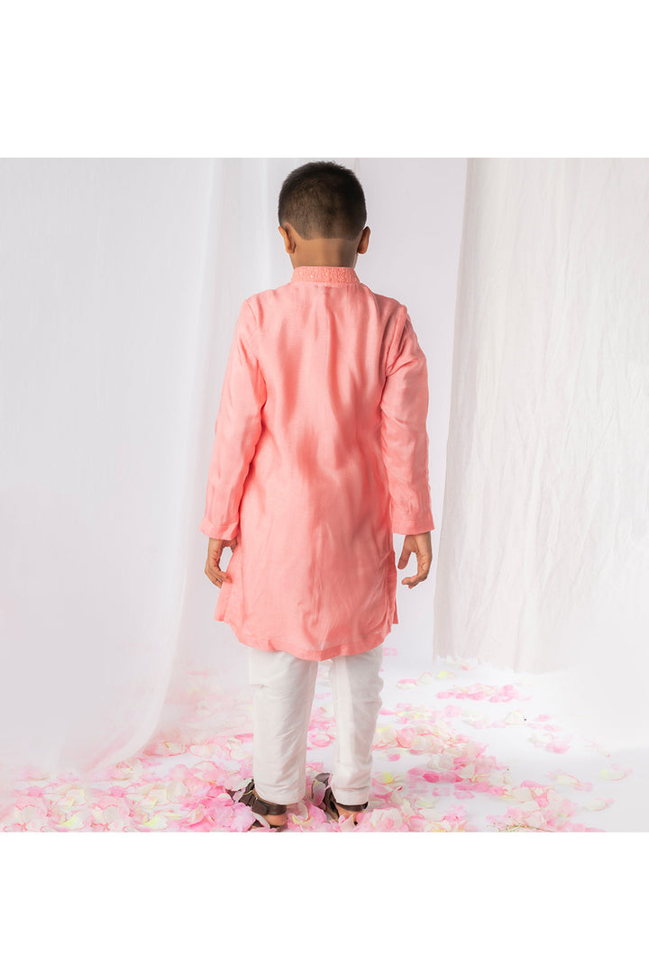 Peach Sequins And Thread Embroidered Pleated Kurta With Churidar Set