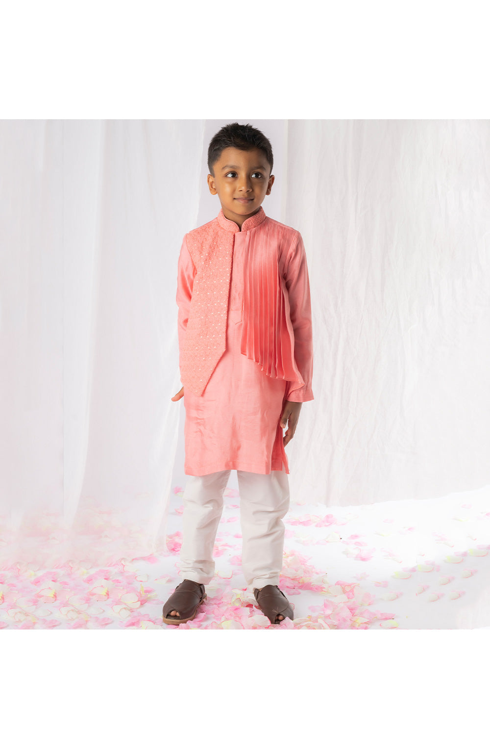 Peach Sequins And Thread Embroidered Pleated Kurta With Churidar Set