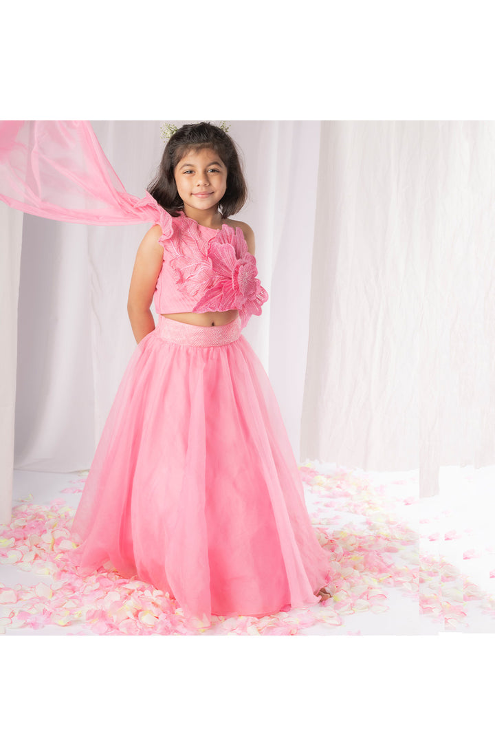 Pink 3D Flower Embellished One Shoulder Top With Lehenga Set