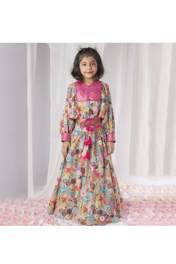 Multicolor Mirror Faux Embroidered Top With Lehenga Set