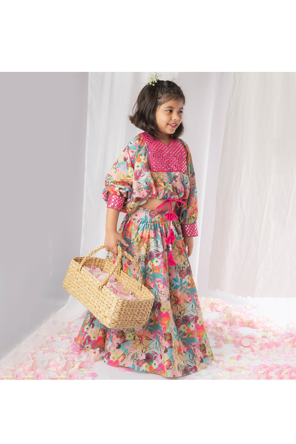 Multicolor Faux Mirror Embroidered Top With Lehenga Set