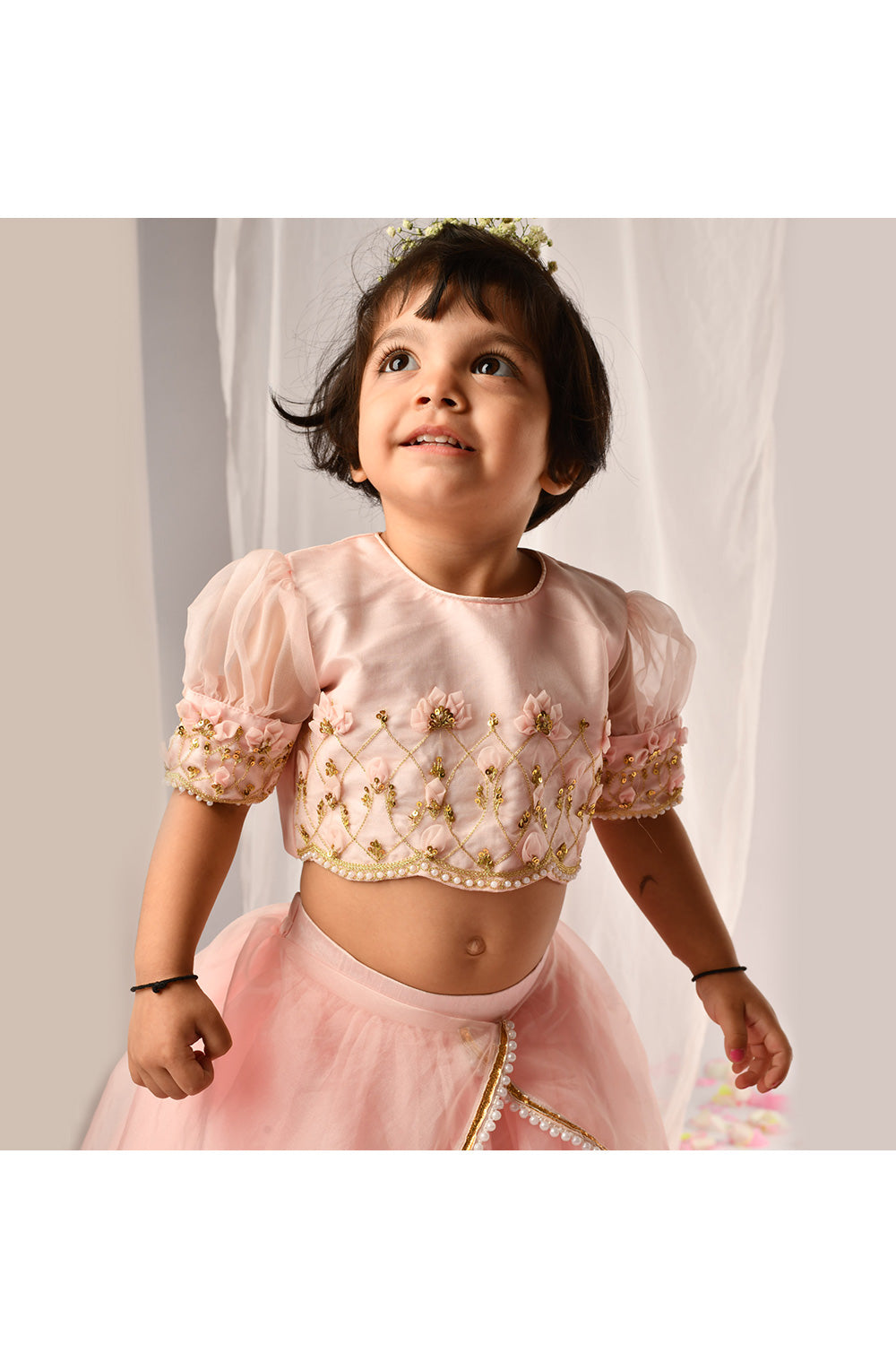 Light Pink 3D Flower Embellished Top With Lehenga Set