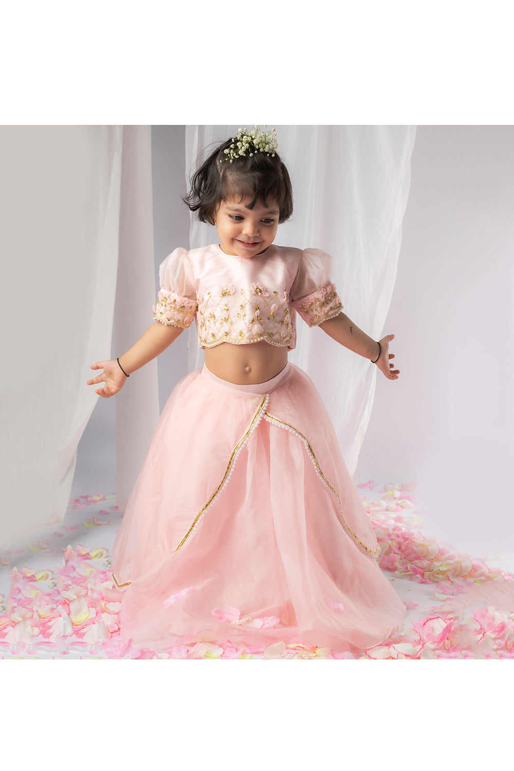 Light Pink 3D Flower Embellished Top With Lehenga Set