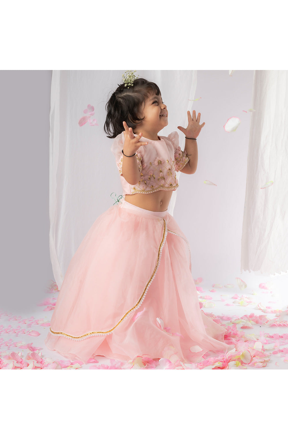 Light Pink 3D Flower Embellished Top With Lehenga Set