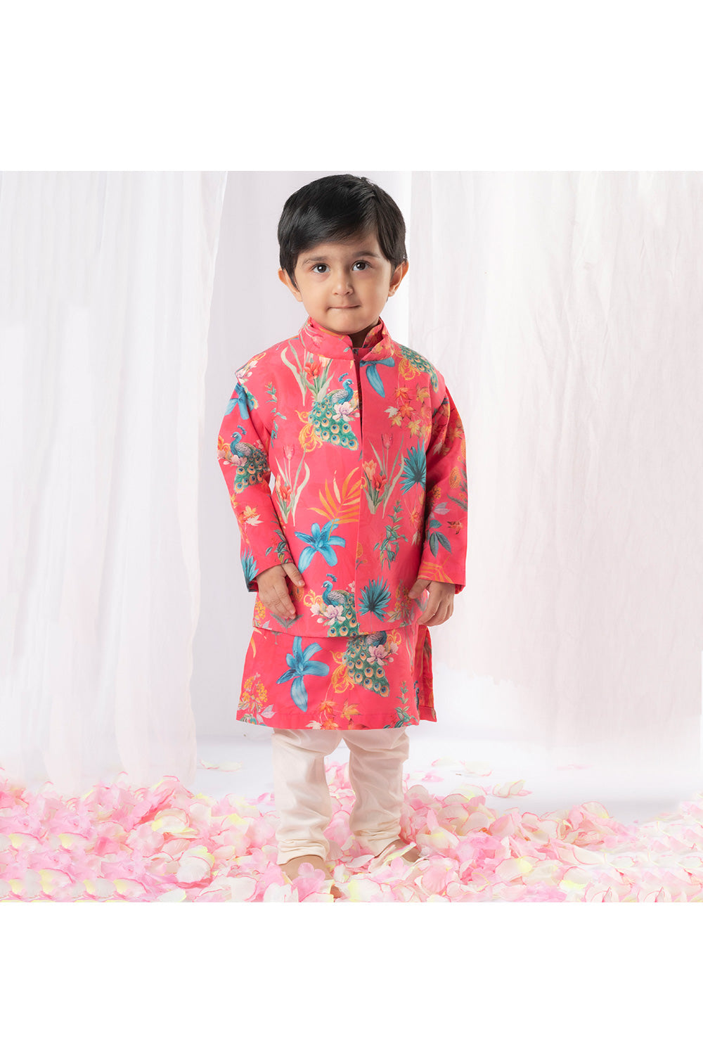 Hot Pink Peacock Printed Kurta With Jacket Set