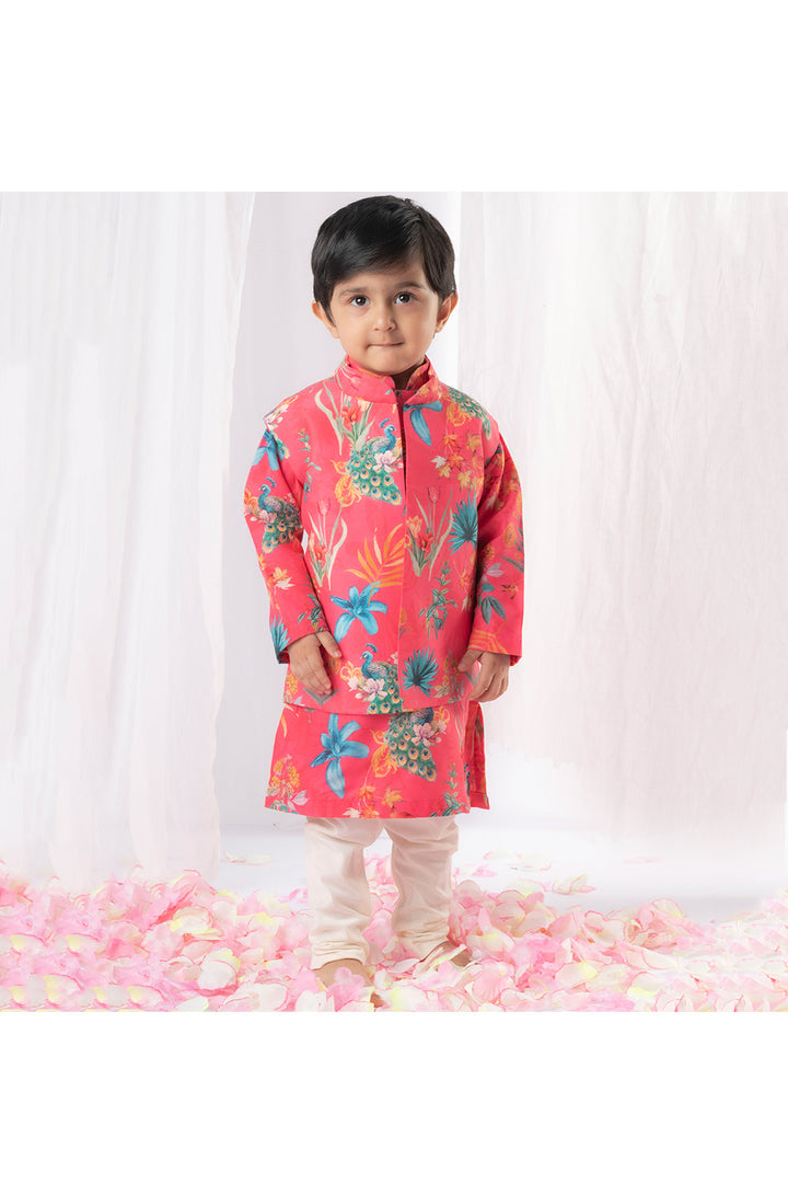 Hot Pink Peacock Printed Kurta With Jacket Set