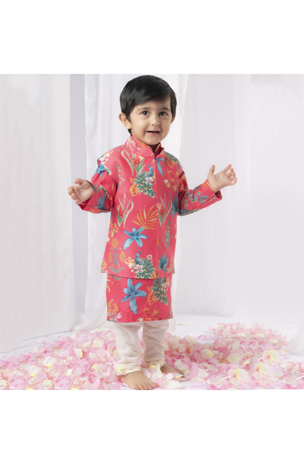 Hot Pink Peacock Printed Kurta With Jacket Set