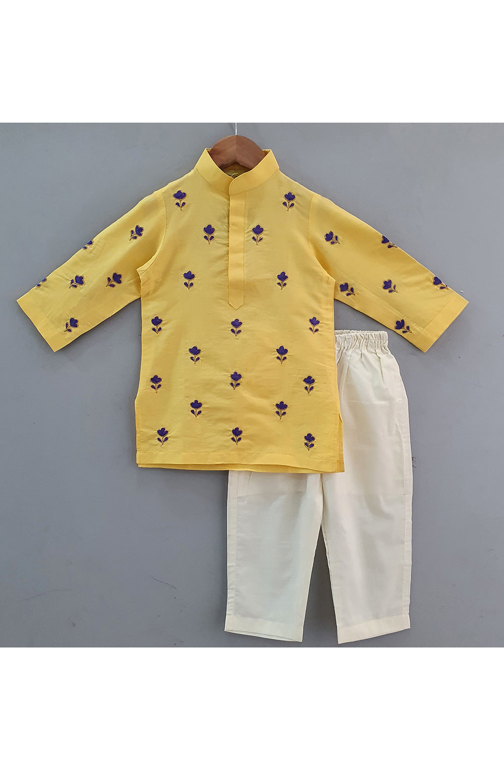 Yellow Embroidered Cotton Kurta With Pyjama Set