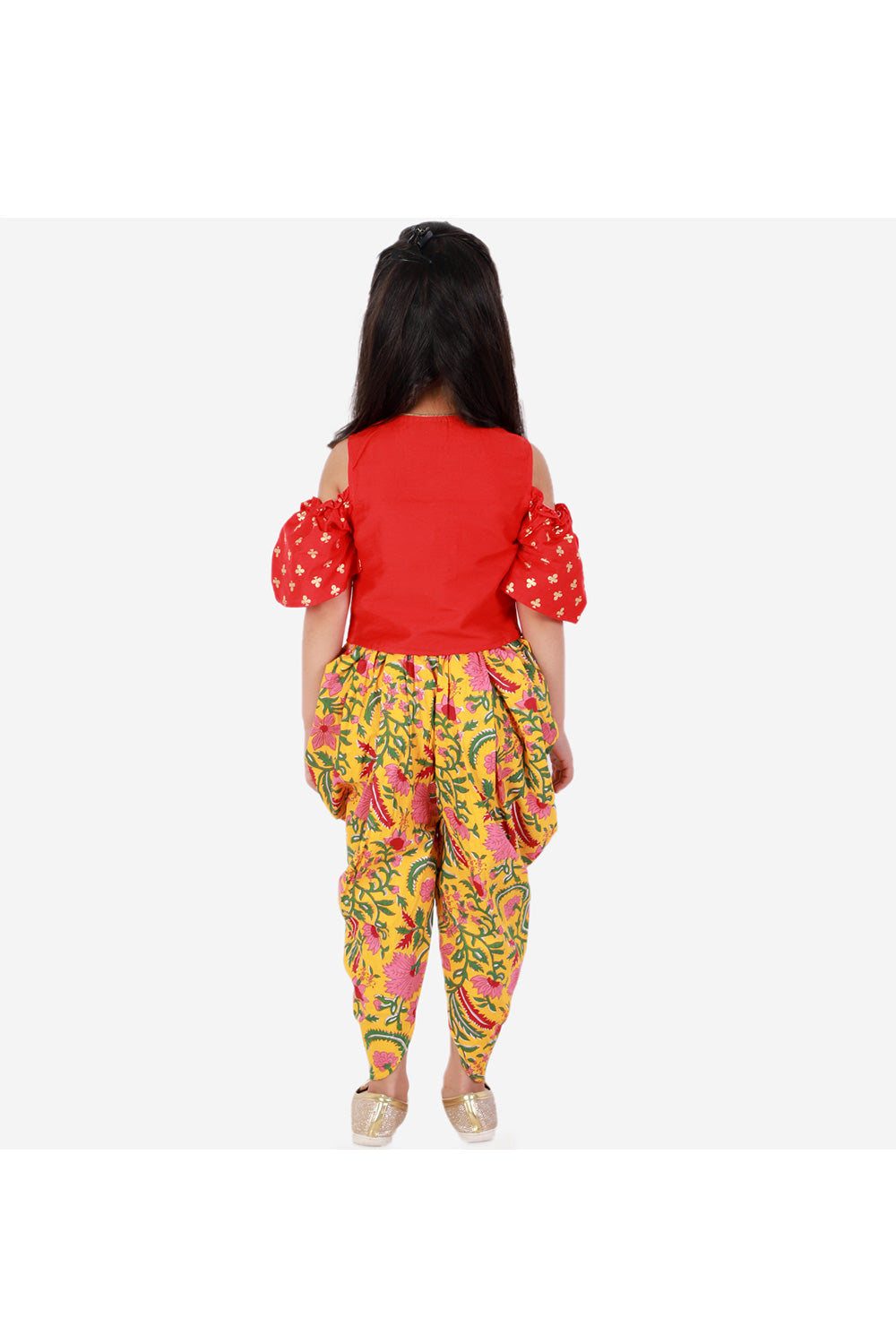 Red Polyester Top With Printed Dhoti Set