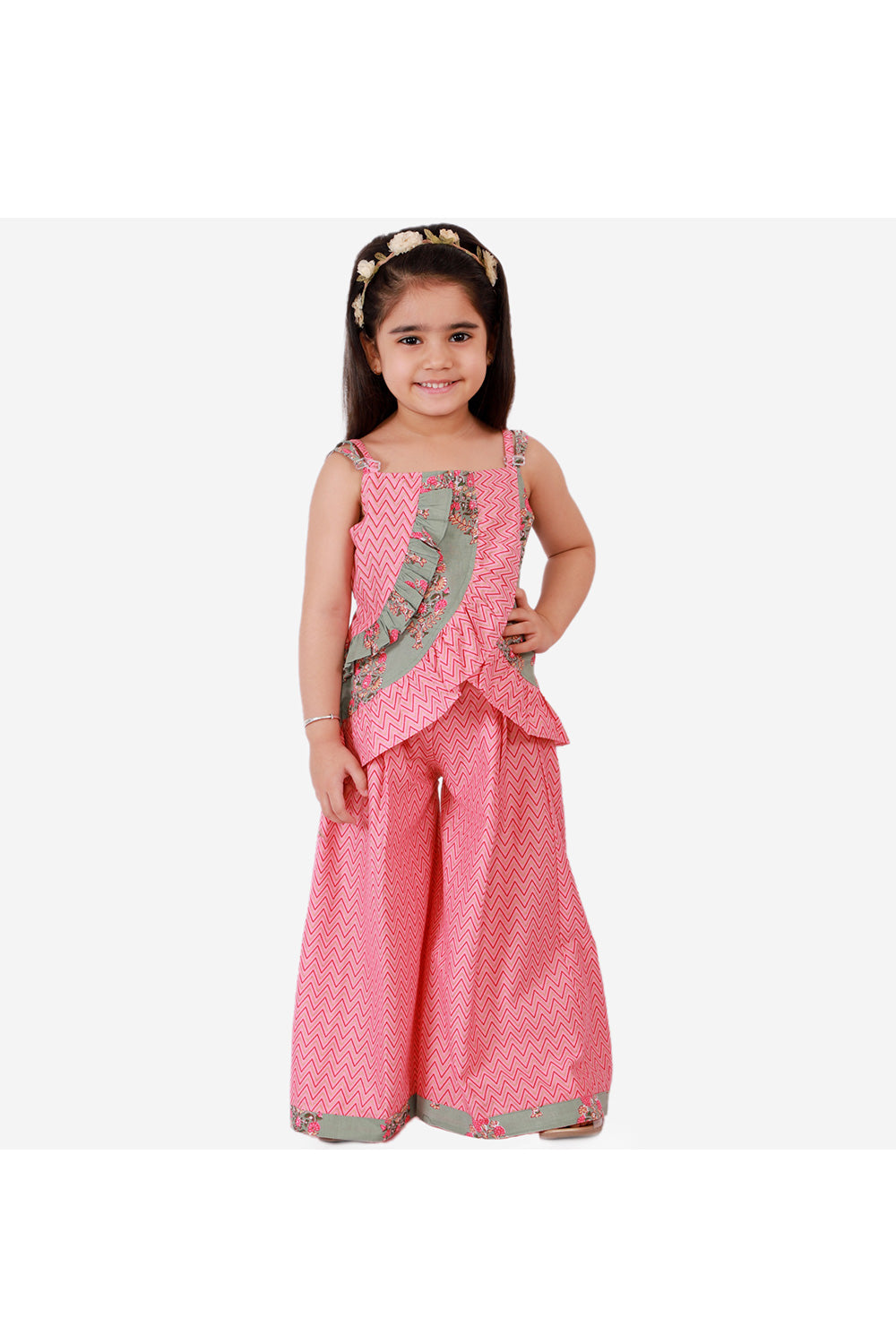 Pink And Grey Zig Zag Printed Sleeveless Top With Palazzo Set