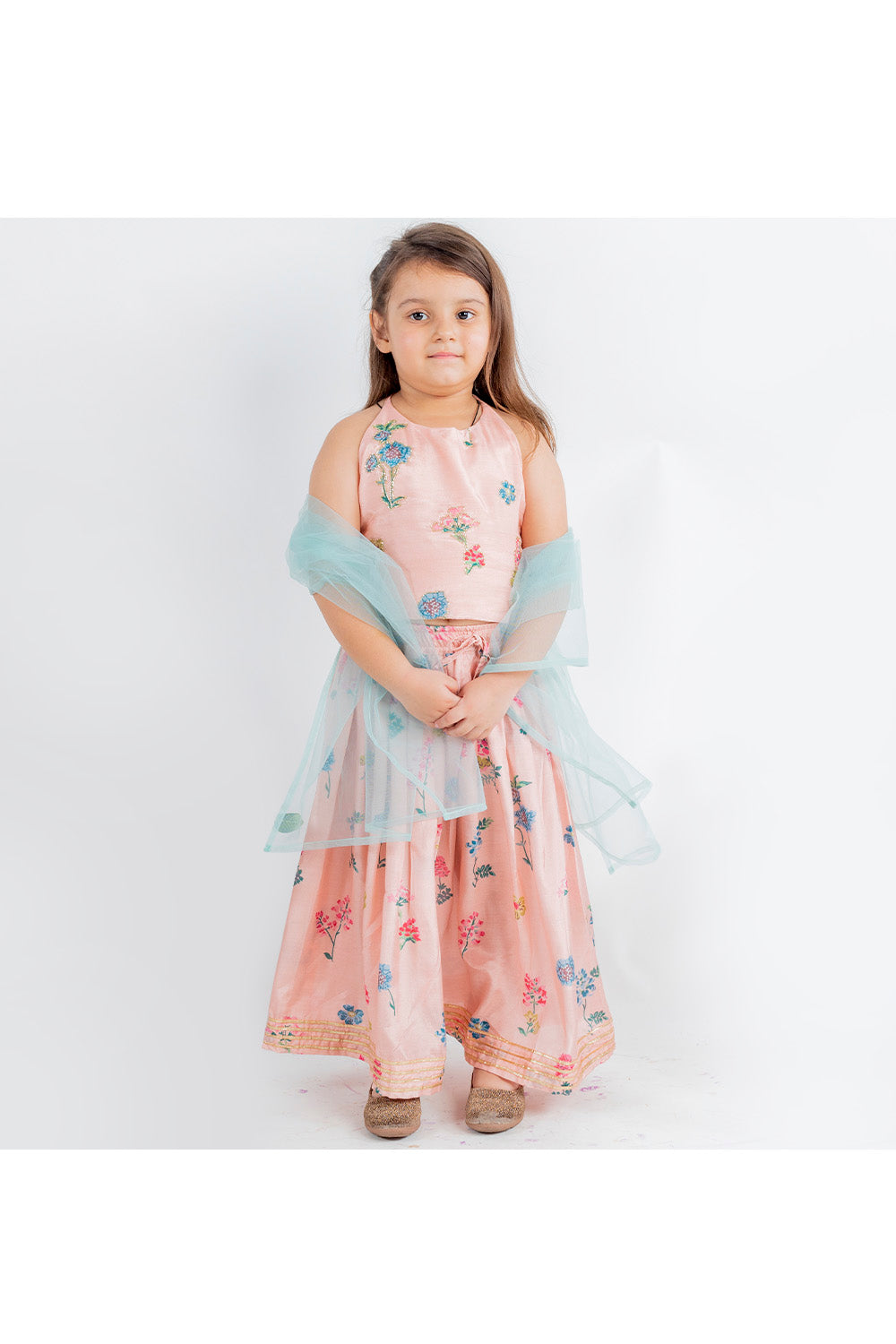 Pink Floral Printed Muslin Top With Lehenga Set
