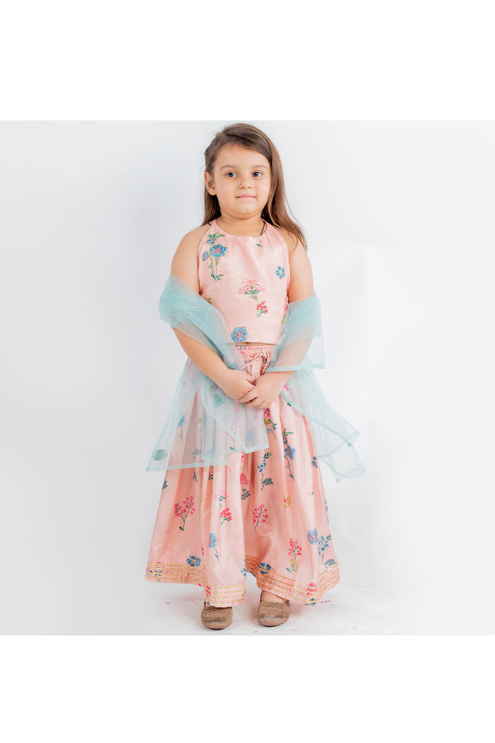 Pink Floral Printed Muslin Top With Lehenga Set