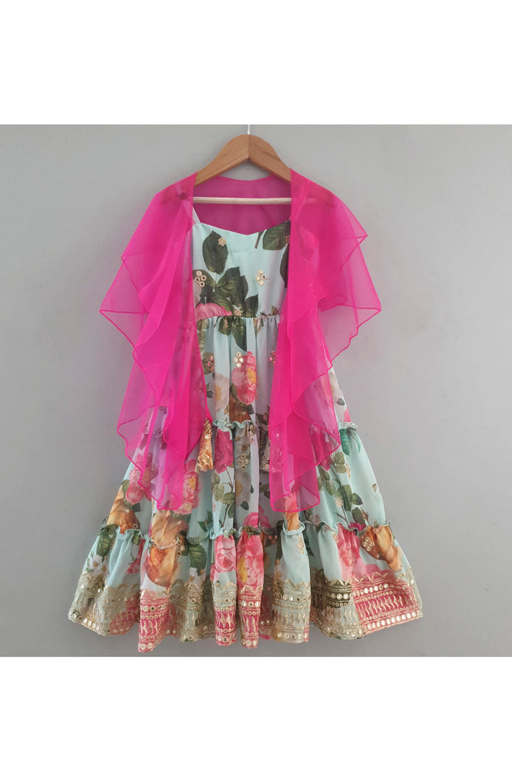 Aqua Blue Floral Printed Anarkali With Dupatta Set