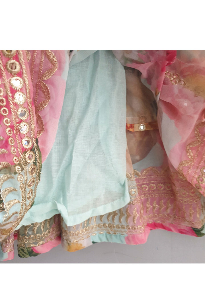Aqua Blue Floral Printed Anarkali With Dupatta Set