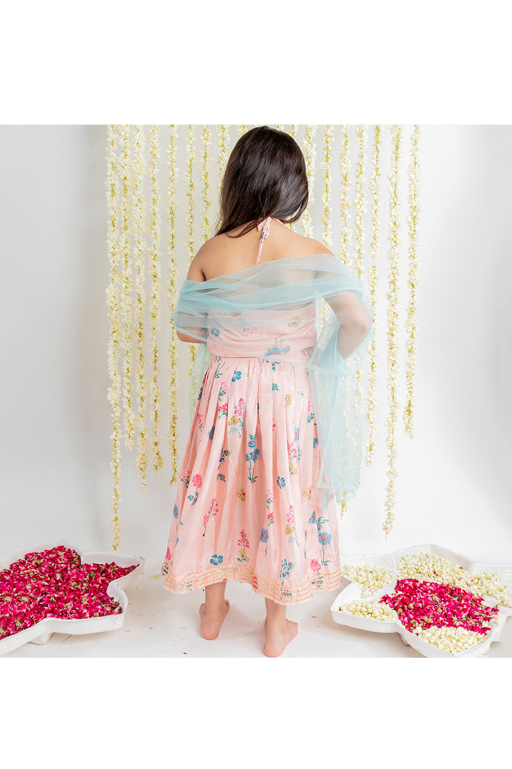 Pink Floral Printed Muslin Top With Lehenga Set