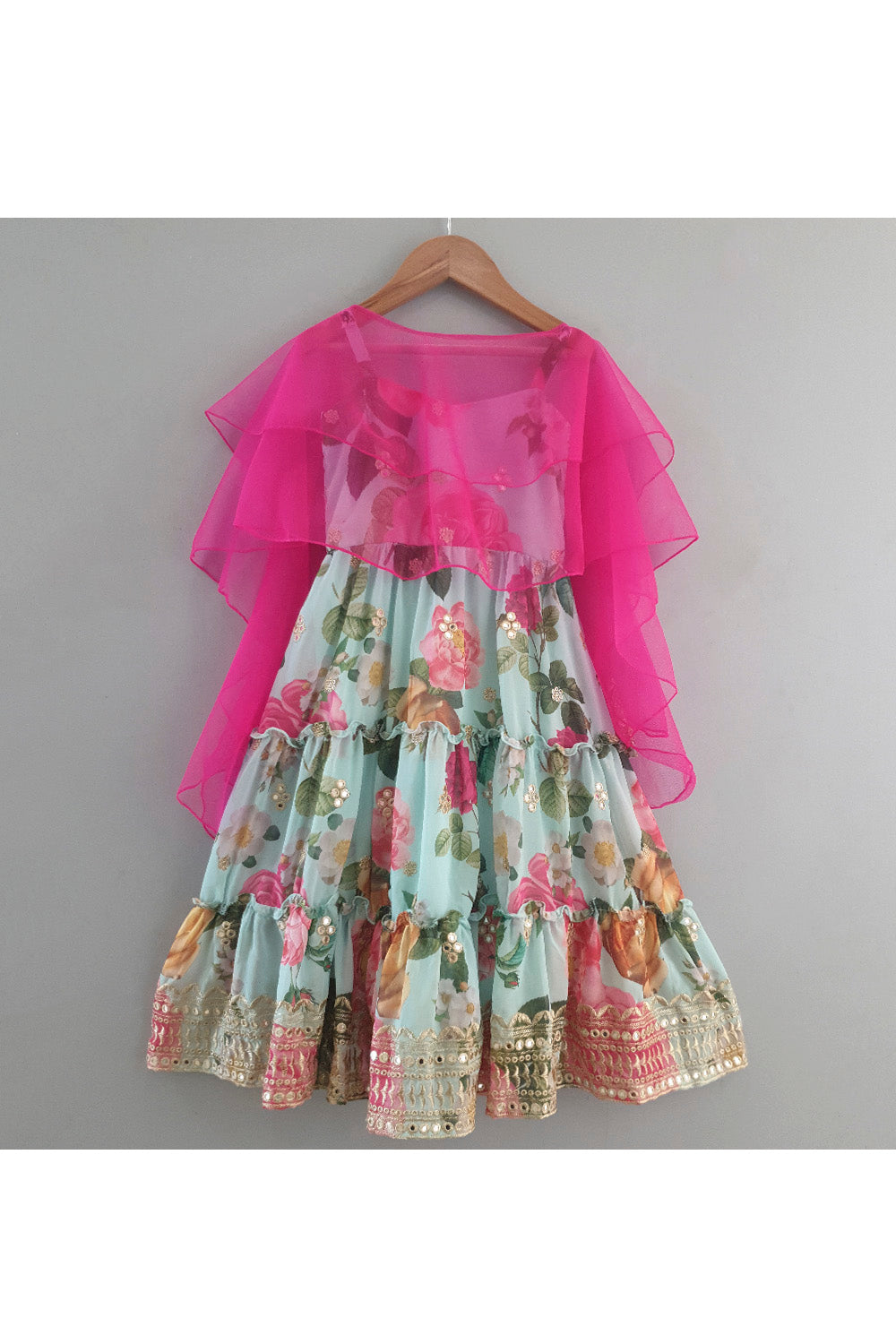 Aqua Blue Floral Printed Anarkali With Dupatta Set