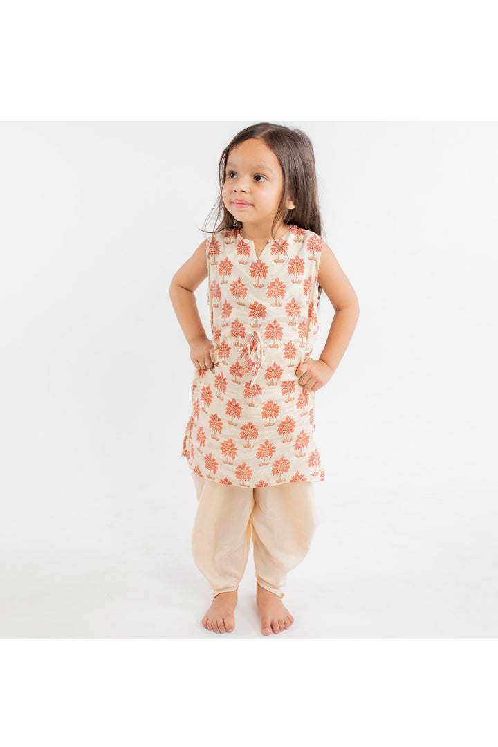 Beige Tree Printed Kurta With Dhoti Set