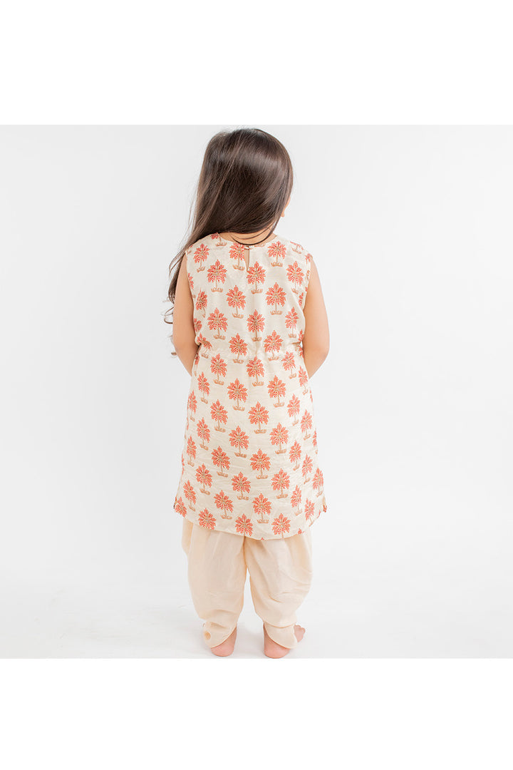 Beige Tree Printed Kurta With Dhoti Set