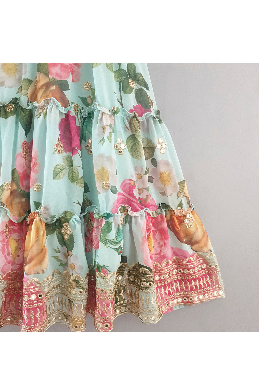 Aqua Blue Floral Printed Anarkali With Dupatta Set