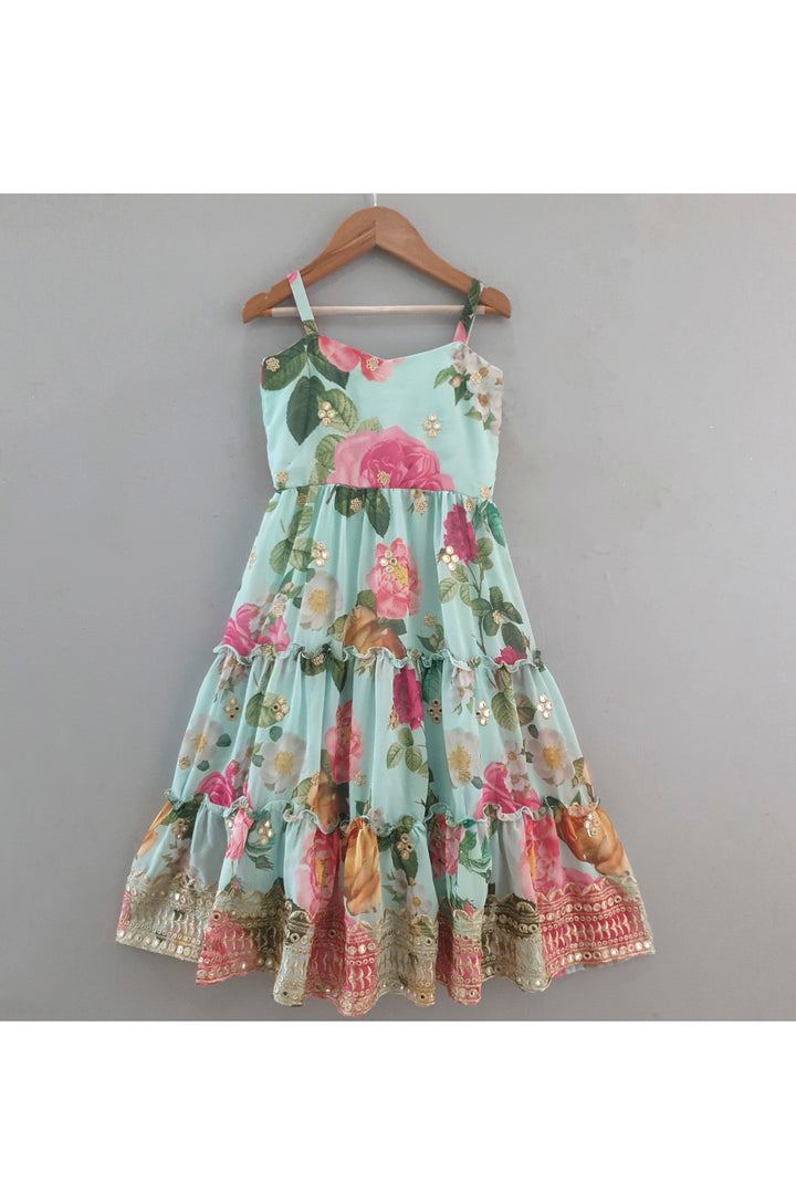 Aqua Blue Floral Printed Anarkali With Dupatta Set