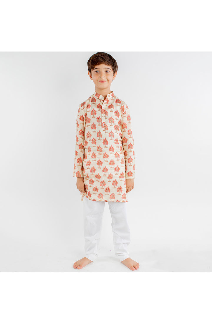 Beige Tree Printed Muslin Kurta With Pyjama Set