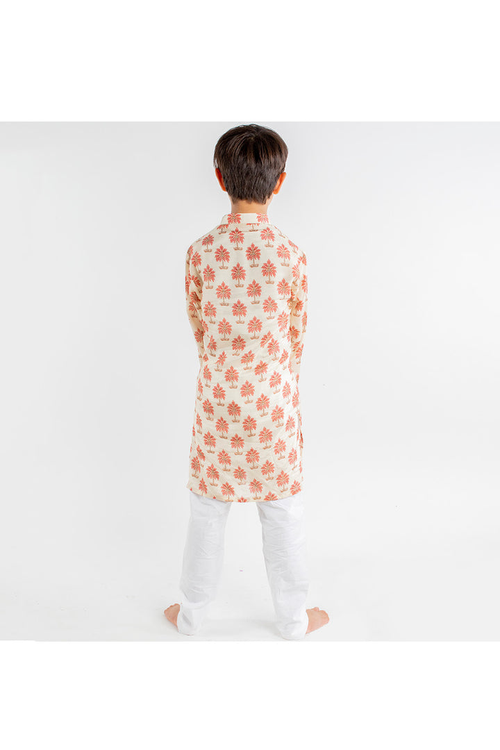Beige Tree Printed Muslin Kurta With Pyjama Set