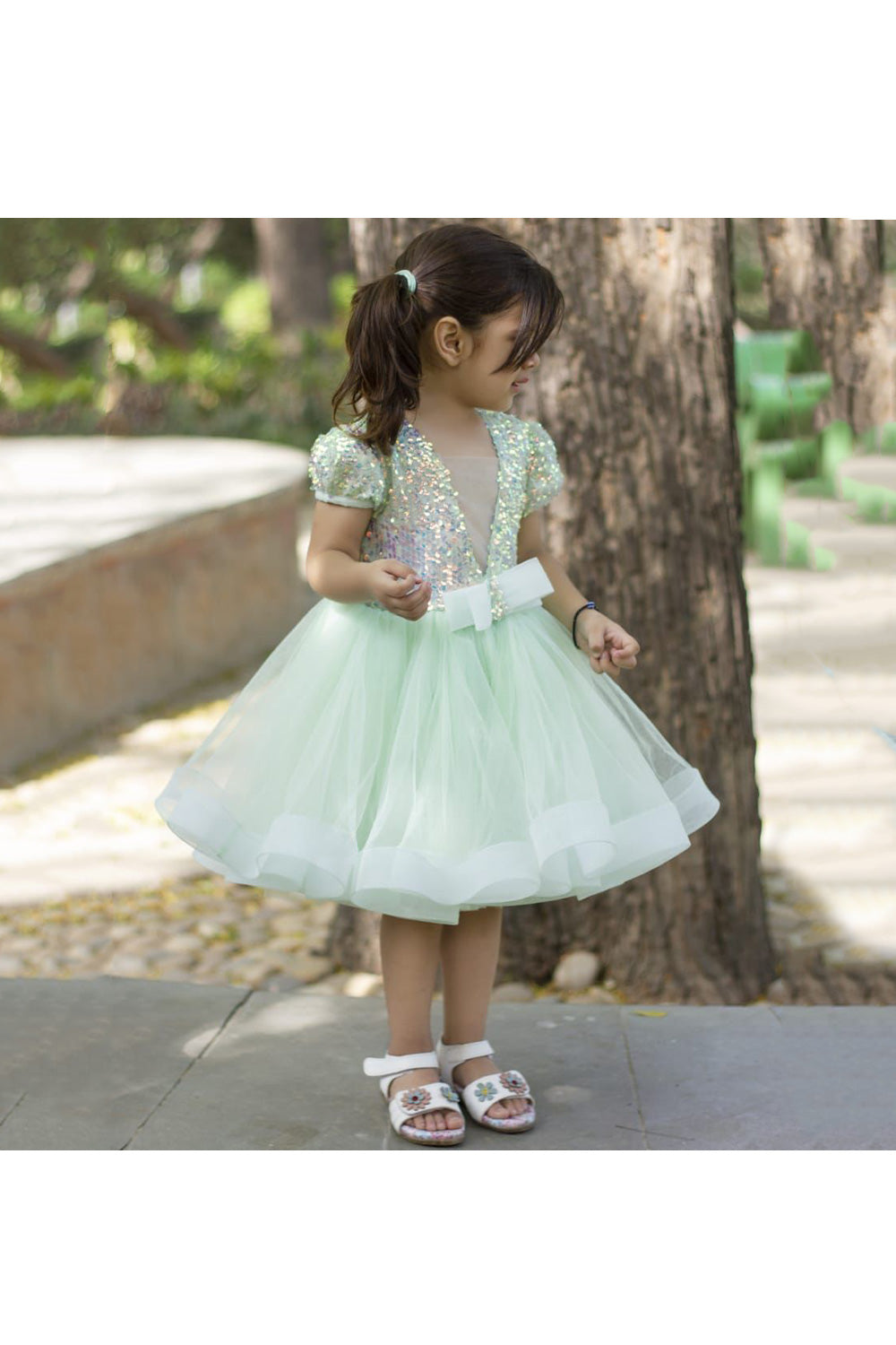 Mint Green Rainbow Sequins Embroidered Net Dress