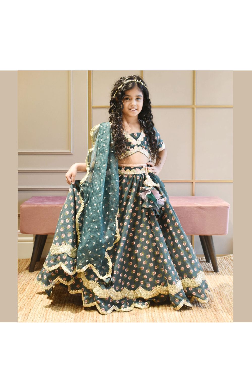 Golden Lace Detailing And Floral Printed Cotton Top With Lehenga Set
