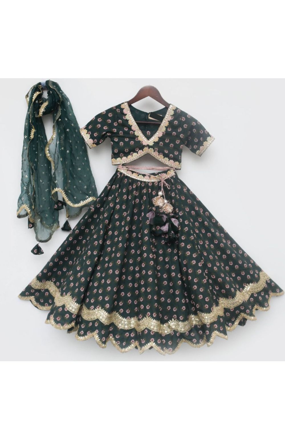 Golden Lace Detailing And Floral Printed Cotton Top With Lehenga Set