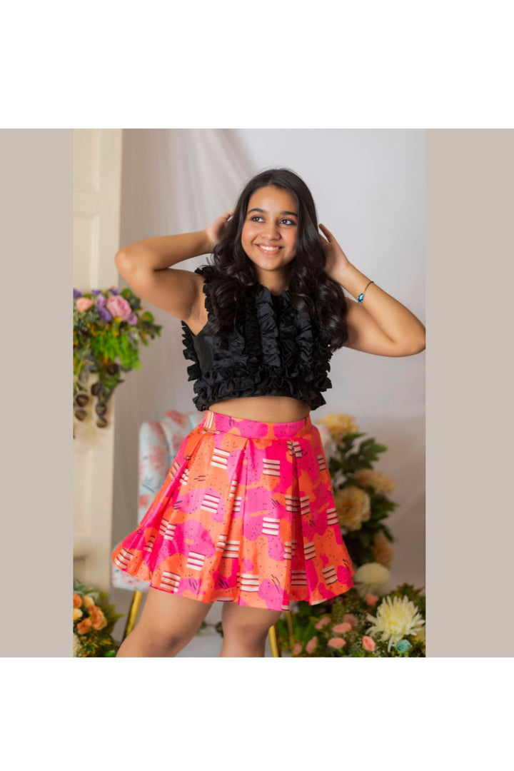 Black Ruffle Top With Printed Skirt Set