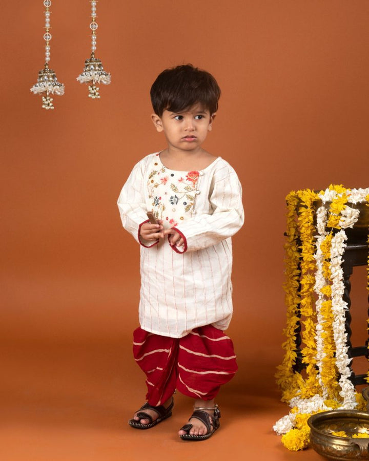 Off white embroidered pintucks kurta with red striped dhoti