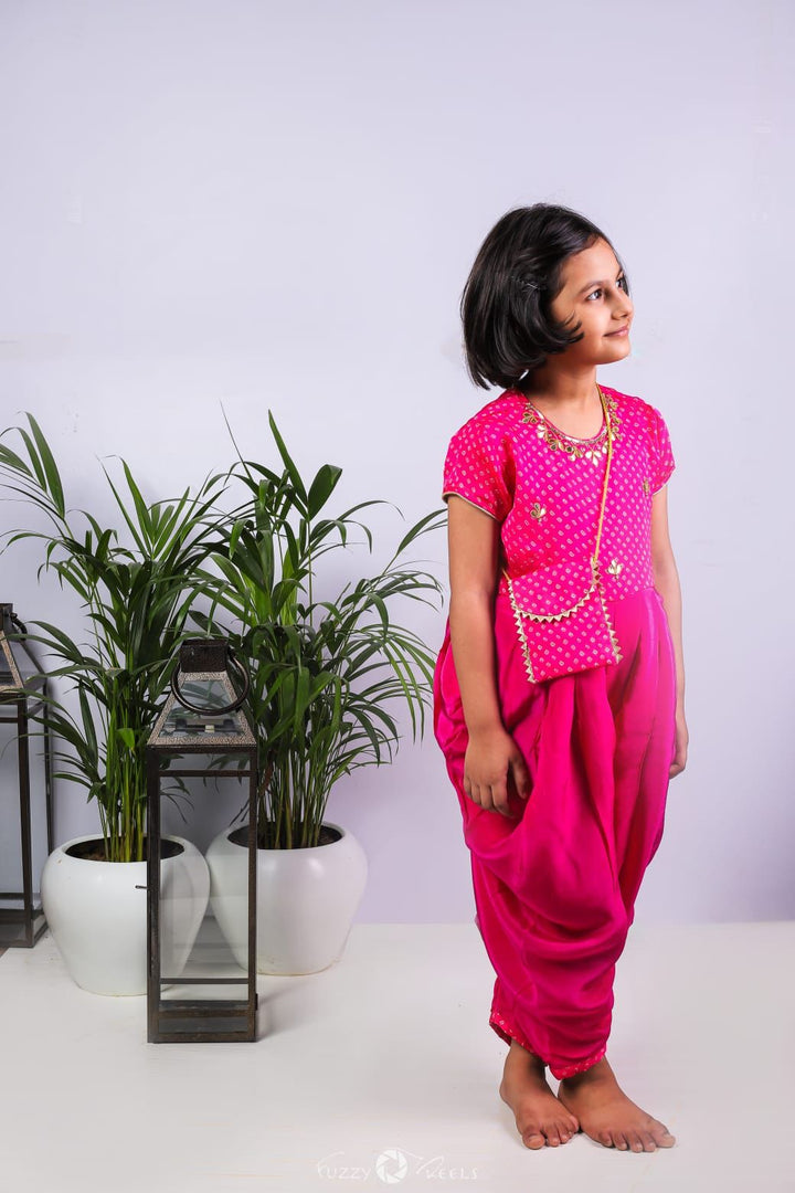 Bandhani printed yoke dhoti jumpsuit and sling bag