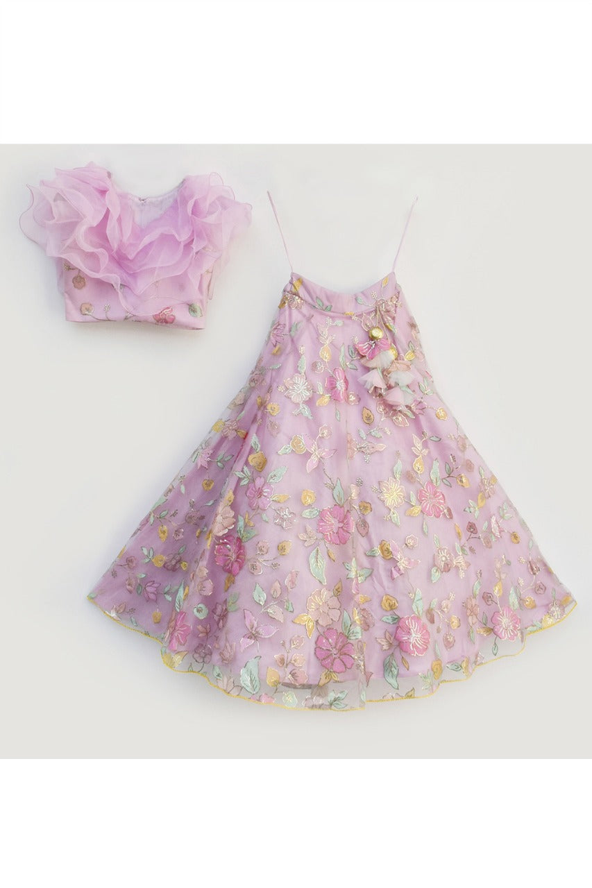 Lilac Ruffle Top With Floral Embroidered Lehenga Set