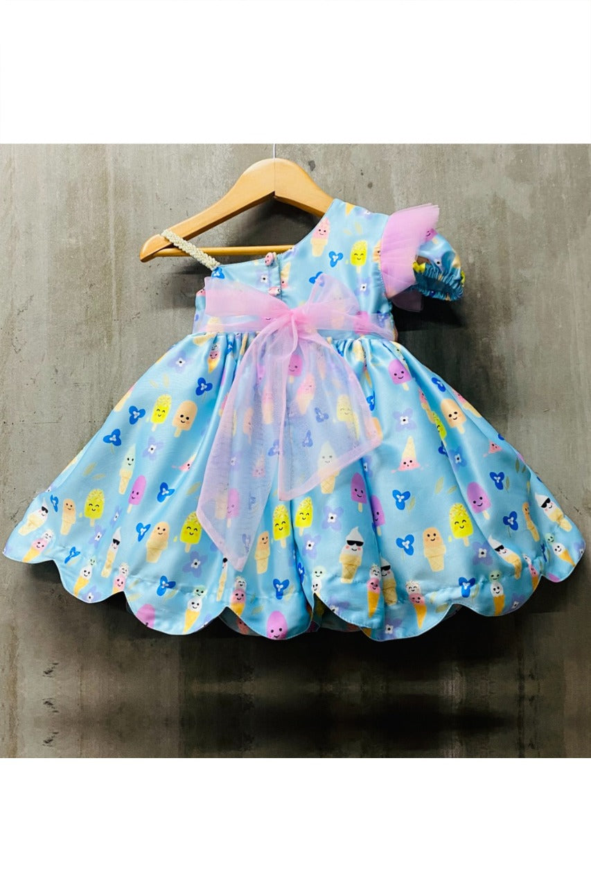 Blue Ice Cream Printed Bow Dress