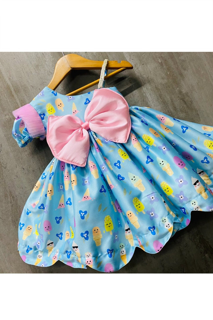 Blue Ice Cream Printed Bow Dress