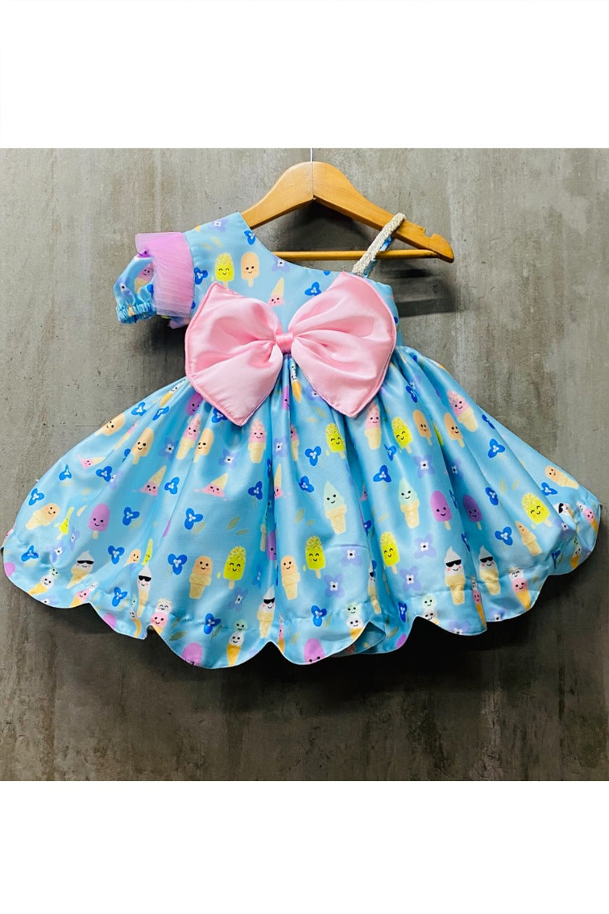 Blue Ice Cream Printed Bow Dress