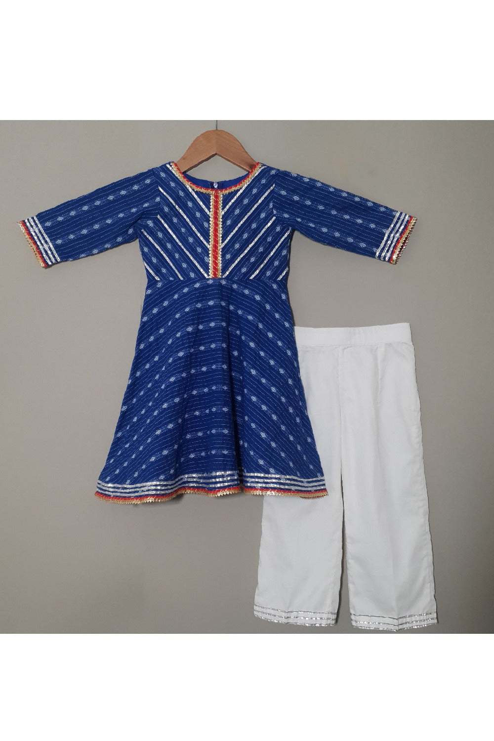 Dark Blue Printed And Lace Detailing Anarkali Kurta With Pyjama Set